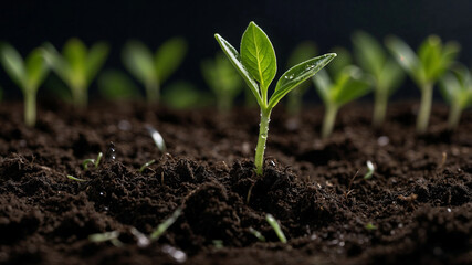 Close-up of young plants sprouting from rich dark soil.  Perfect for themes of growth, nature, and new beginnings.