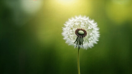 Close-up of a dandelion seed head against a blurred green background.  Perfect for nature, spring, and botany themes.