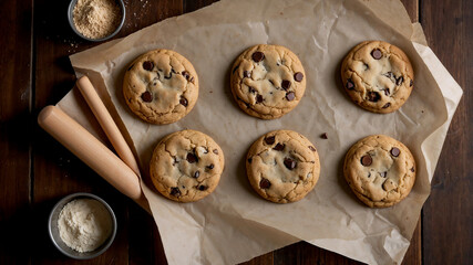 Overhead shot of six freshly baked chocolate chip cookies on parchment paper with baking tools. Delicious!