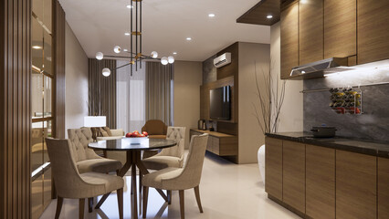 Modern Kitchen and Dining Interior Design with Wooden Furniture and Neutral Colors