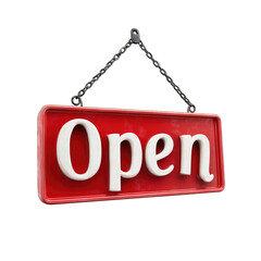 Red sign that says "Open" hangs from chain