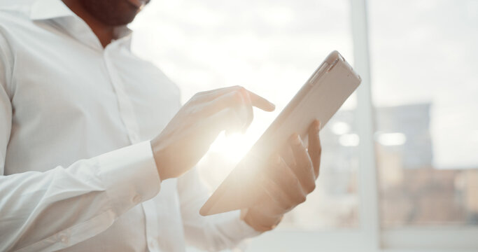 Business, hands and man with tablet in office for submission review, blog editing and proofreading. Flare, editor and typing on digital app for newsletter feedback, reading manuscript or publication