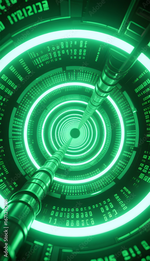 Poster green illuminated circular interface with data streams