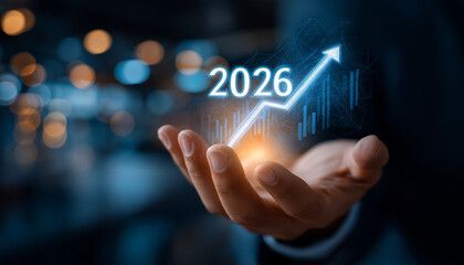 Obraz premium Future Projection 2026: A hand cradles a luminous upward-trending arrow superimposed over a digital bar graph, indicating the forecast for the year 2026, a metaphor for growth and progress.