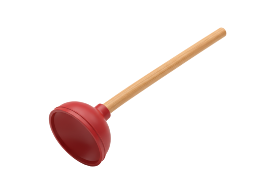 Isolated Plunger for Unclogging Drains with Wooden Handle and Red Suction Cup Sanitation Tool