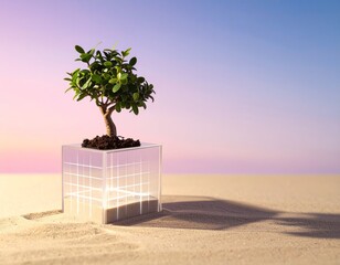 Bonsai inside clear glass cube with holographic grid on sand