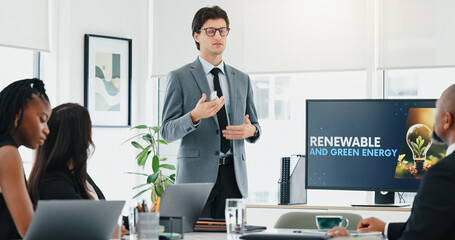Business man, team and presentation for renewable energy, sustainable ideas and initiative for a...