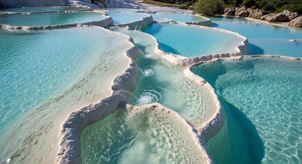 Aerial View of Pamukkale's Unique Travertine Terraces with Turquoise Waters
