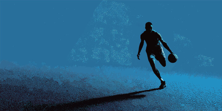 A basketball player skillfully dribbles a ball on an urban court as twilight descends, casting dynamic shadows and emphasizing movement against a striking blue backdrop. - Powered by Adobe