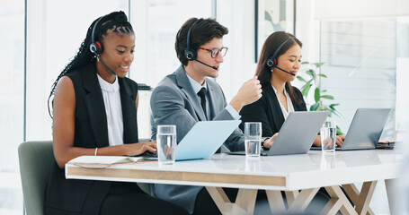 Headset, laptop and support with business people in call center for financial consulting or feedback. Computer, customer service and finance with employee team at desk in workplace for advice or help