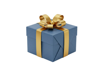 Isolated gift in navy blue wrapping with gold ribbon, festive box with bow for Christmas