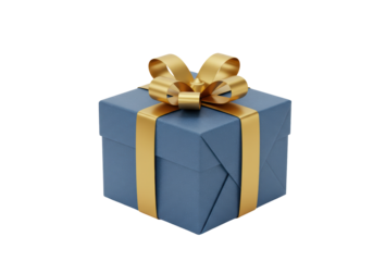Isolated gift in navy blue wrapping with gold ribbon, festive box with bow for Christmas