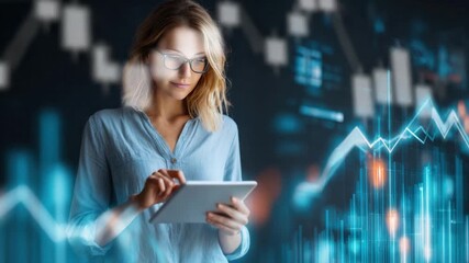 Analyst's Data Dive: A businesswoman with glasses, immersed in financial analysis using a digital tablet, navigates market trends, with a visual representation of stocks and graphs in the backdrop. - Powered by Adobe