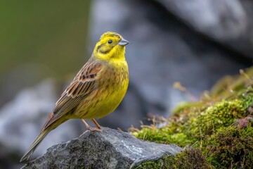 Fototapeta premium A vibrant yellow bird perches on a rock beside lush green moss