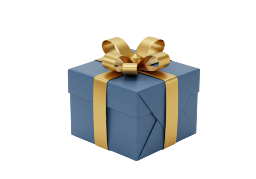 Isolated gift in navy blue wrapping with gold ribbon, festive box with bow for Christmas