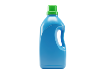 Isolated blue bottle of laundry detergent with green cap for washing clothes, isolated