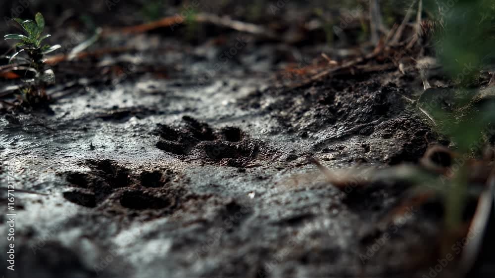 Poster focused medium shot of a set of animal tracks in the mud emphasizing preservation monitoring while t