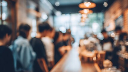People Queuing Blur Waiting in Line at a Busy Cafe