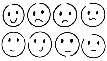 Set of different smiley face showing various emotions isolated on white background. Abstract round comic faces. Emotions set. Crayon drawing black color sad or happy line icon emoji faces characters
