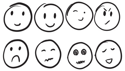 Abstract round comic faces. Emotions set. Crayon drawing black color line smiley emoji faces characters cartoon. Hand drawn happy or sad line art icon for apps and websites. Think positive day concept