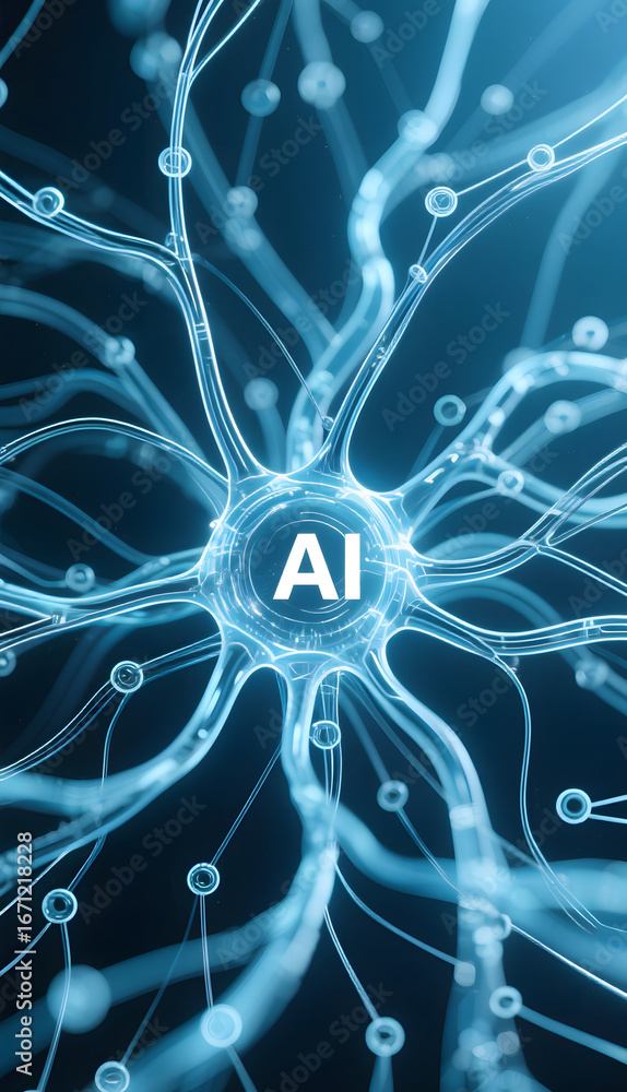Poster ai neuron network: interconnected nodes with central ai hub