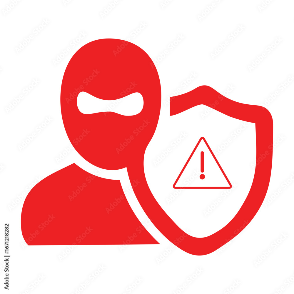 Poster cybersecurity alert: warning sign of potential threat with shield protecting against hacker attack
