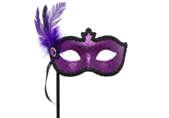Isolated glittering purple eye mask with feathered decor for masquerade ball, mardi gras
