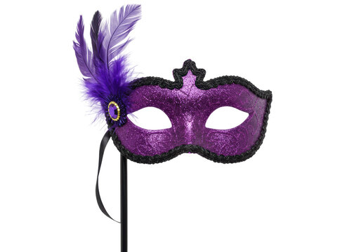 Isolated glittering purple eye mask with feathered decor for masquerade ball, mardi gras
