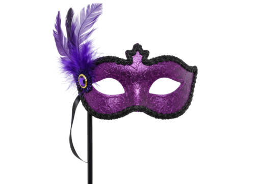 Isolated glittering purple eye mask with feathered decor for masquerade ball, mardi gras