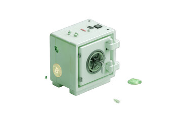 Light-green cube-shaped safe, digital coin inside, some scattered, small green shapes below