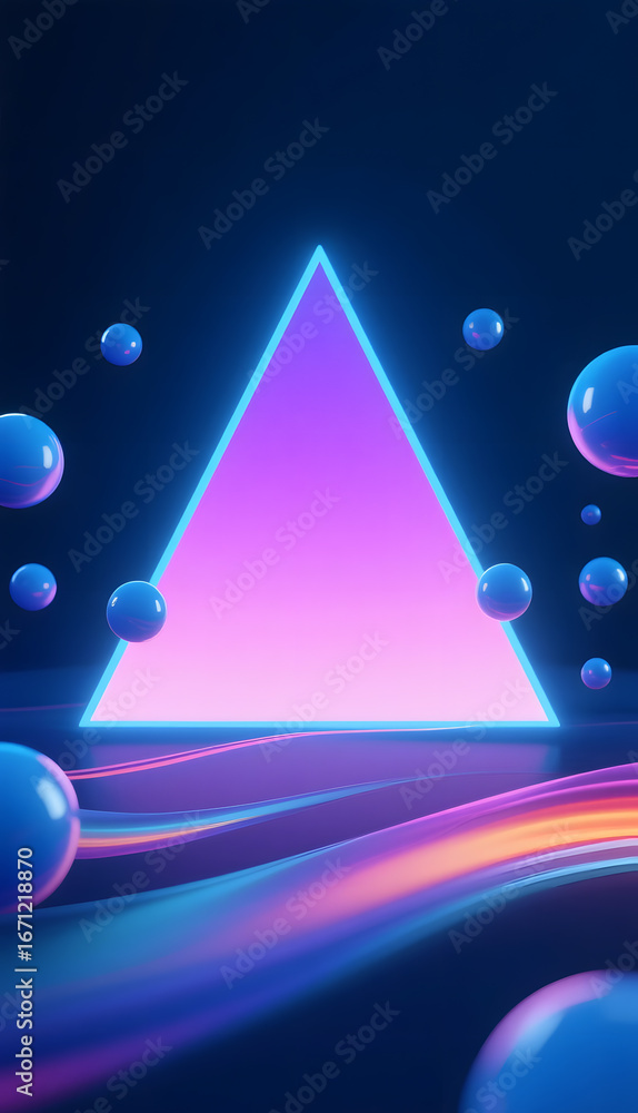 Poster neon triangle with spheres and flowing lines on dark background