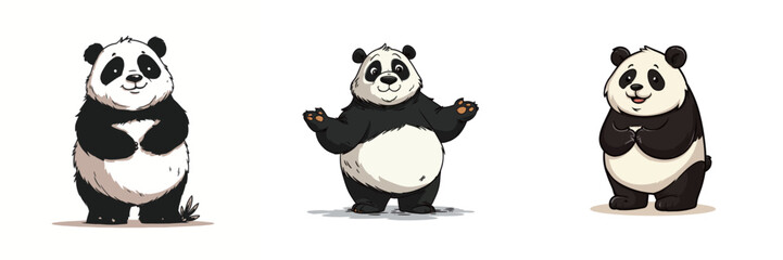 Obraz premium Three cartoon pandas are depicted in various poses, showcasing playful and cheerful expressions. The colorful design emphasizes their round bodies and distinct black and white fur.