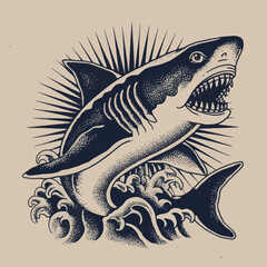 Fototapeta premium A dramatic shark is depicted leaping out of ocean waves, showcasing its sharp teeth. The design features a sunburst effect behind the fierce creature, highlighting its powerful presence.