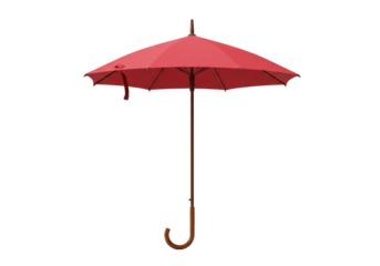 Isolated red umbrella protection from rain and sun with brown cane handle and stem