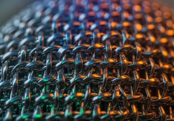Fototapeta premium Closeup macro shot of metallic chainmail with colorful reflections and bokeh effect