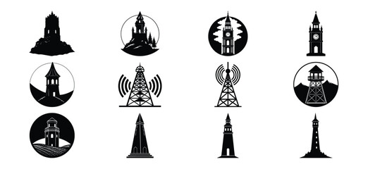 Collection of Silhouette Towers and Structures for Logos or Design Elements Isolated
