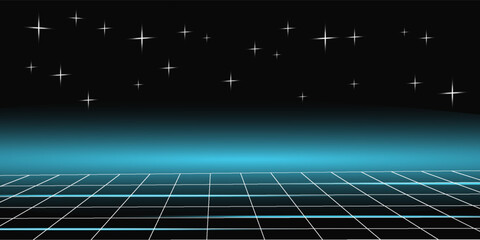 Retro cyberpunk style 80s game scene pixel art 8-bit sci-fi background. glowing neon grid and stars from vintage arcade computer games.