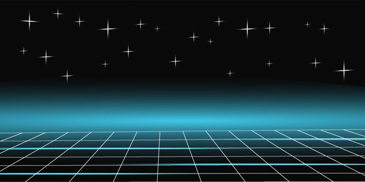 Retro cyberpunk style 80s game scene pixel art 8-bit sci-fi background. glowing neon grid and stars from vintage arcade computer games.