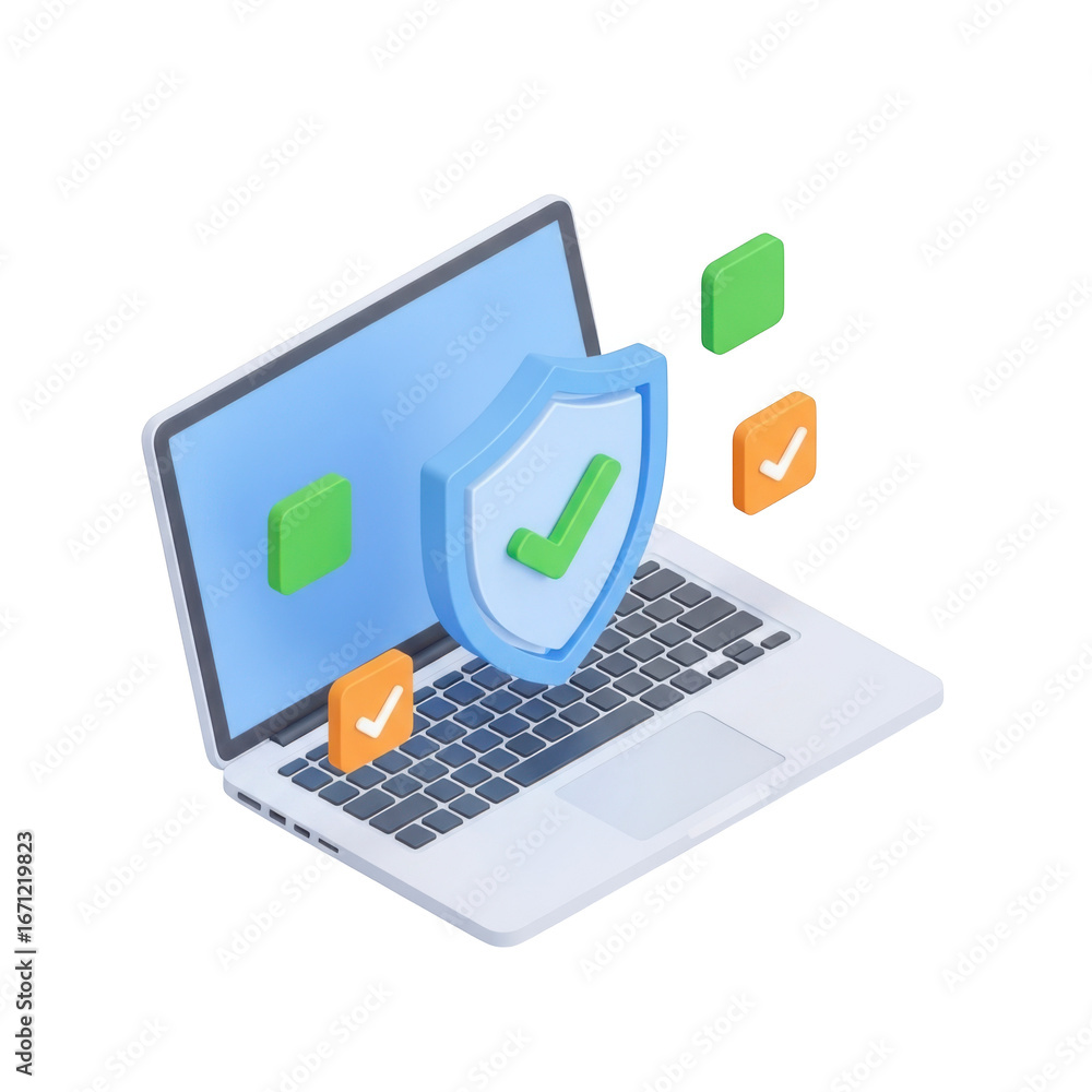 Poster secure laptop with shield and apps represents digital security and cybersecurity solutions transpare