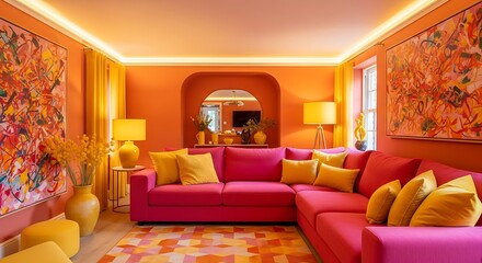 Vibrant Living Room with Pink Sectional Sofa and Orange Walls.
