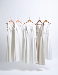 Elegant Array of Five White and OffWhite VNeck Dresses on Hangers.