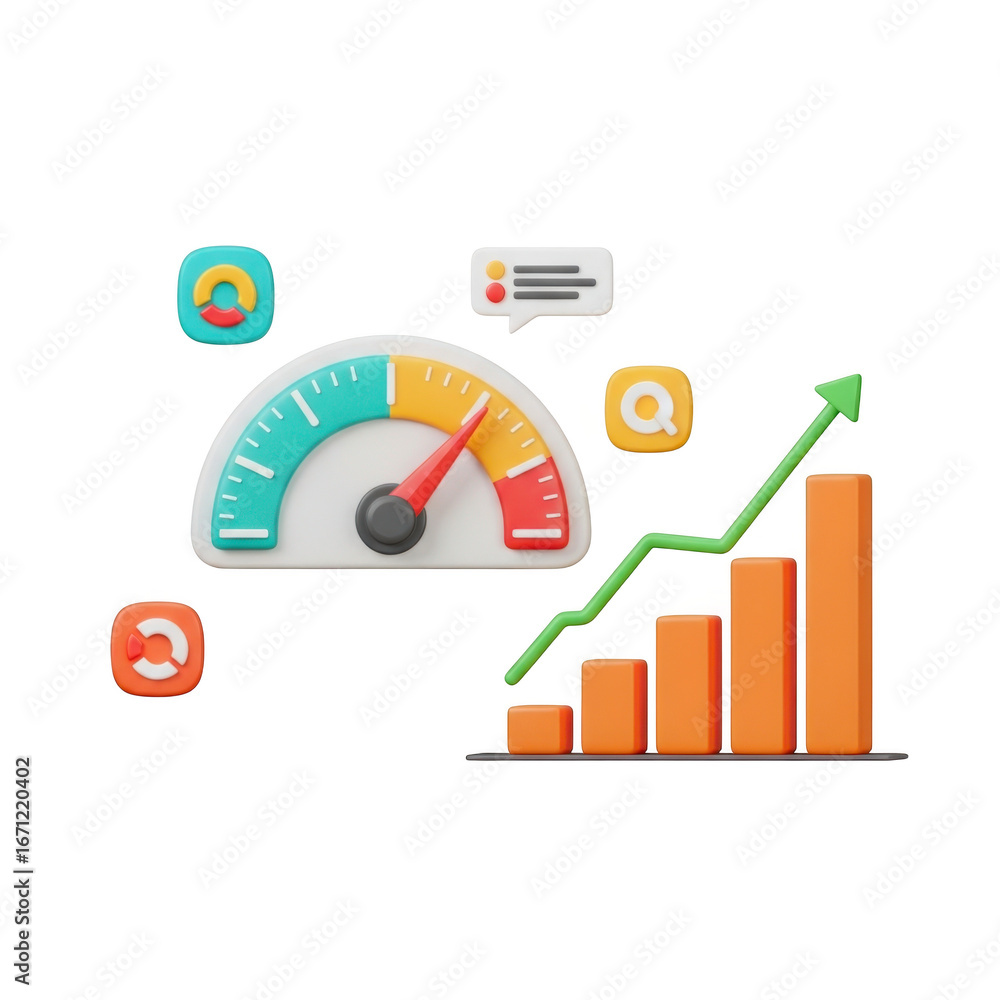Aufkleber business growth metrics dashboard with speedometer and bar chart for performance analysis transparen