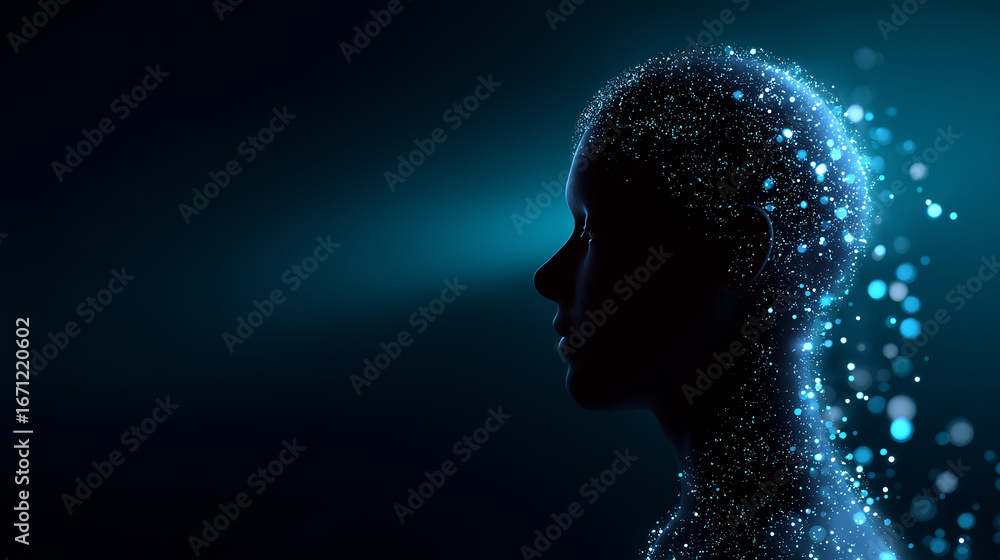 Poster abstract 3d rendering of a digital human head silhouette made of particles, representing artificial 
