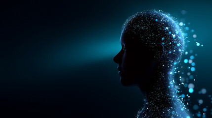 Abstract 3D rendering of a digital human head silhouette made of particles, representing artificial intelligence and future technology.
