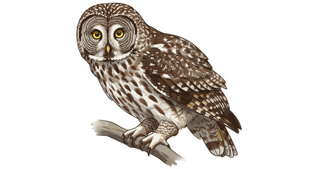 Majestic Great Grey Owl perched on branch isolated on transparent background elegant bird illustration