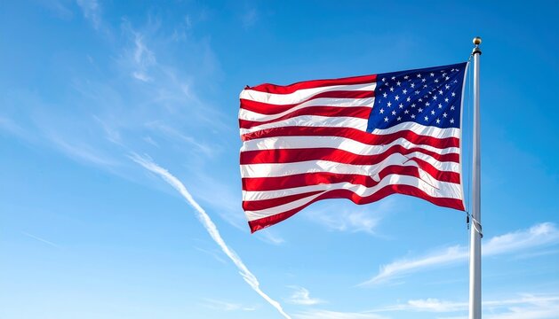 The national flag of the United States of America, the Stars and Stripes, waving proudly in the wind against a brilliant blue sky, a symbol of freedom and patriotism