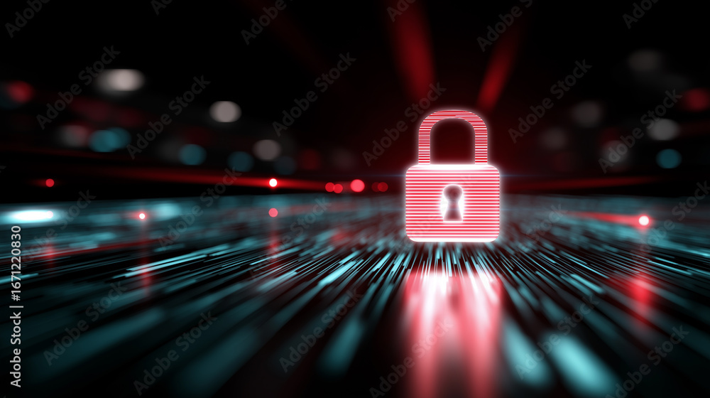 Poster digital red padlock representing cyber security and data protection in a digital environment.