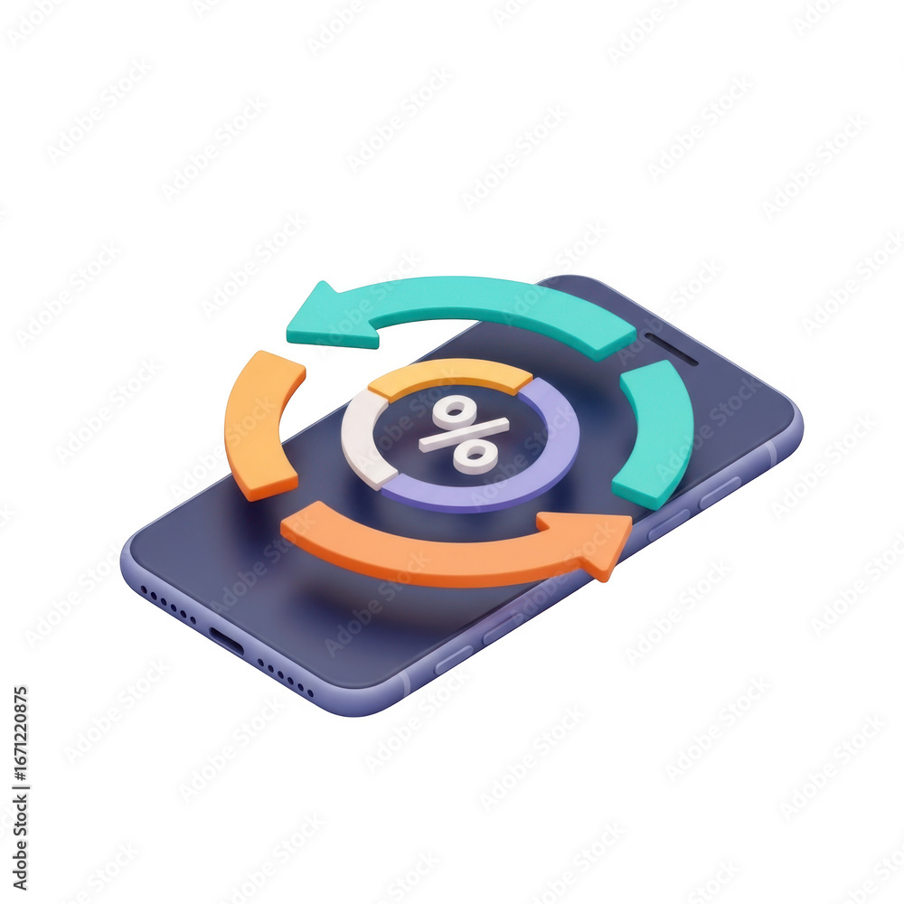 Poster smartphone displaying financial data analytics with circular progress and percentage symbol transpar