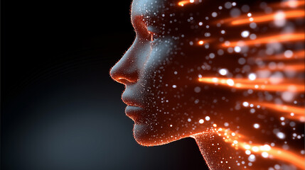 Futuristic human profile formed by glowing orange particles and dynamic light streaks.
