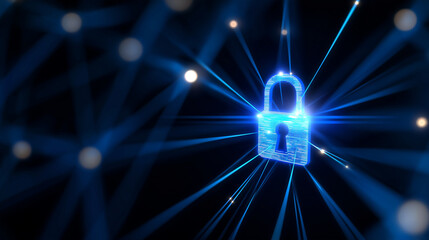 Bright blue digital padlock symbolizing cybersecurity and data protection within a network.
